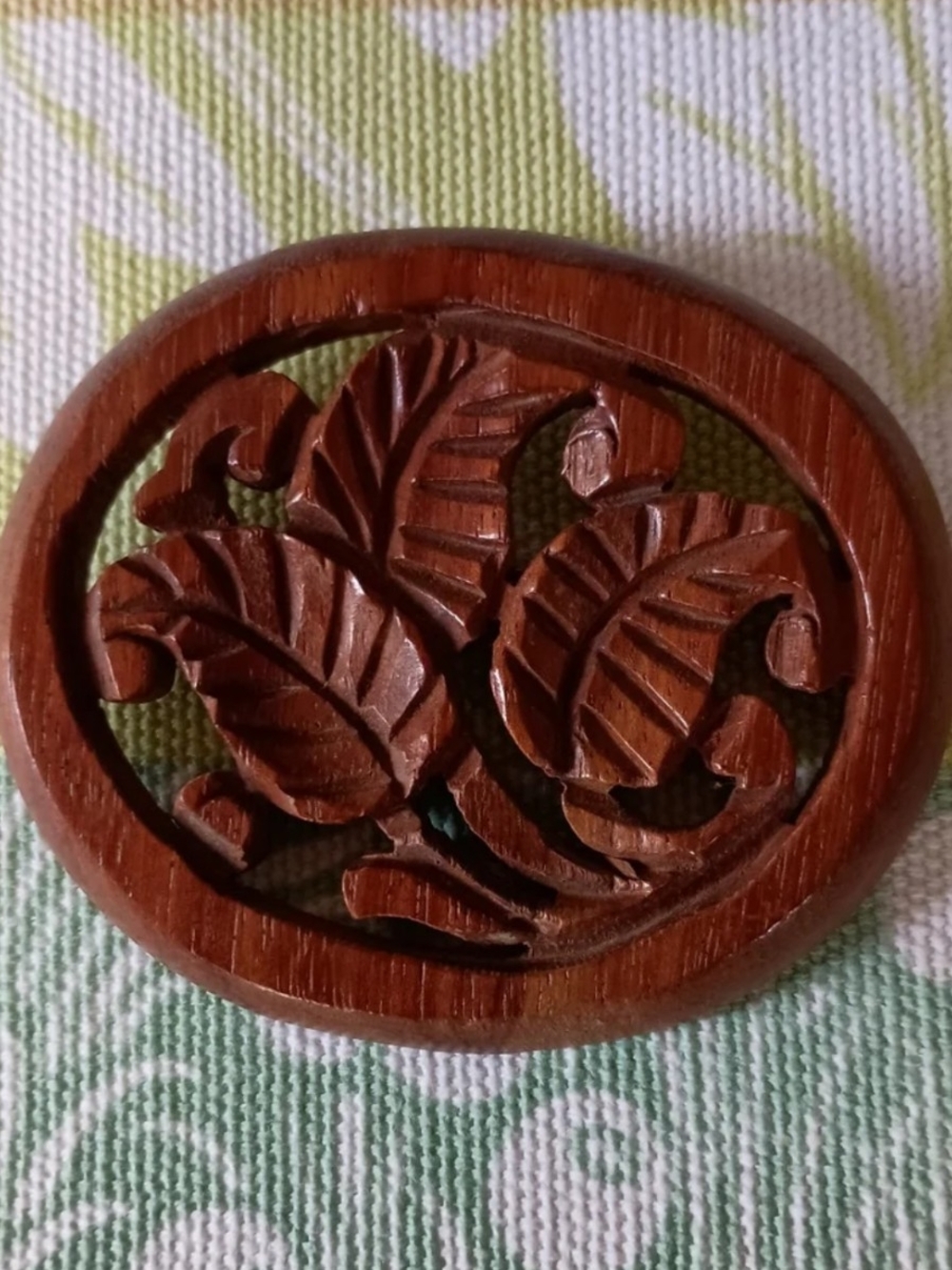 Vintage Hand-Carved Wooden Floral Brooch- Rich Brown